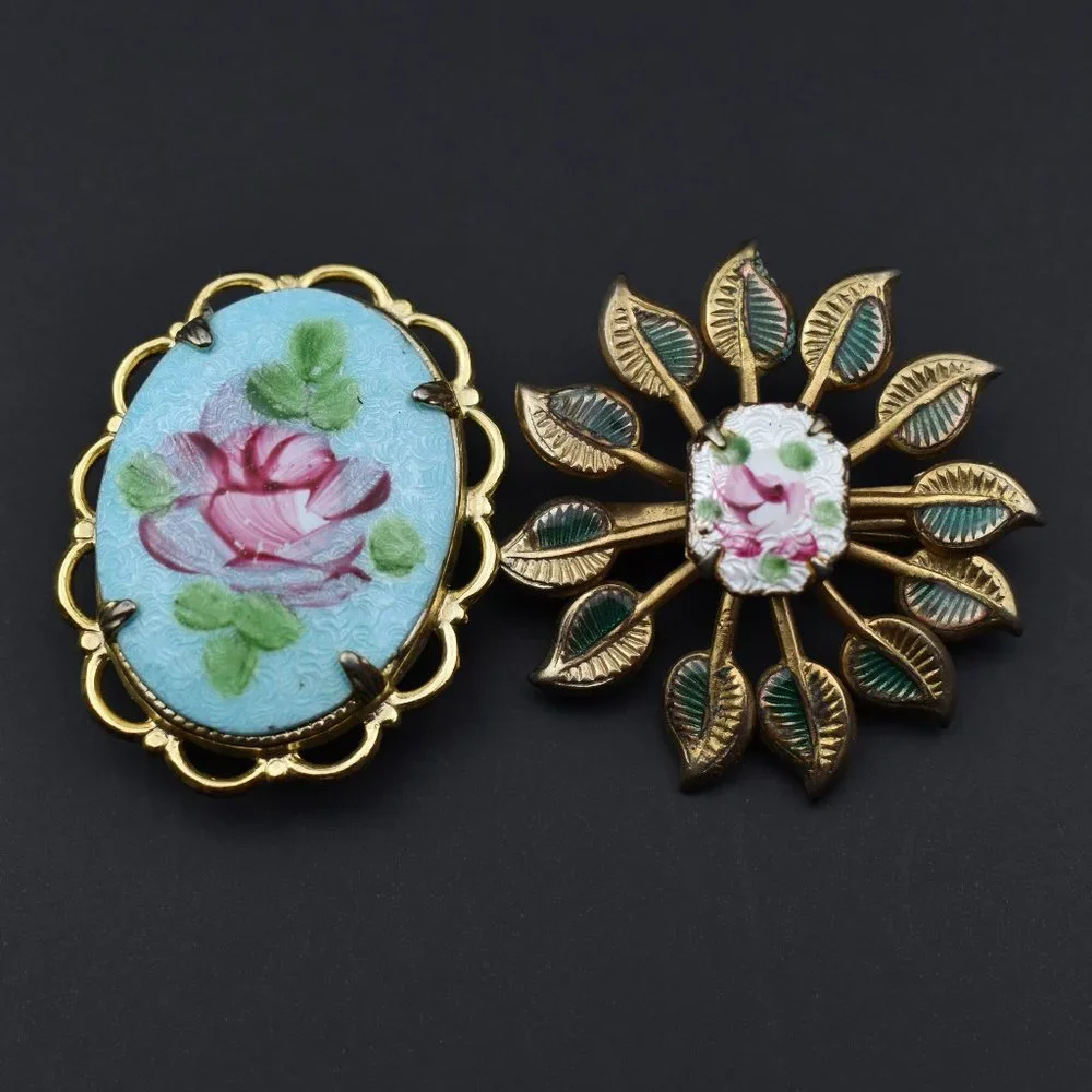 Guilloche enamel brooch, cute little lapel pin, small peony flower brooch set